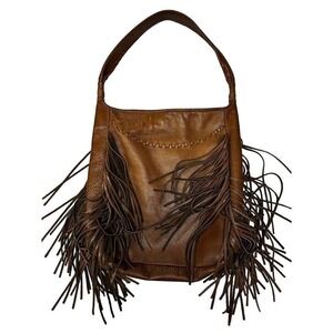 Margot Brown Genuine Leather Fringed Slouch Bag Large